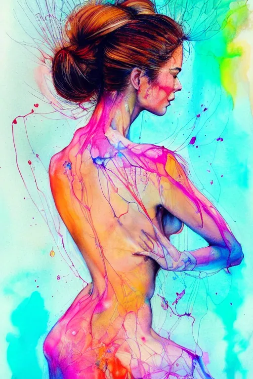 Image similar to sophia vergara by agnes cecile enki bilal moebius, intricated details, 3 / 4 back view, hair styled in a bun, bendover posture, full body portrait, extremely luminous bright design, pastel colours, drips, autumn lights