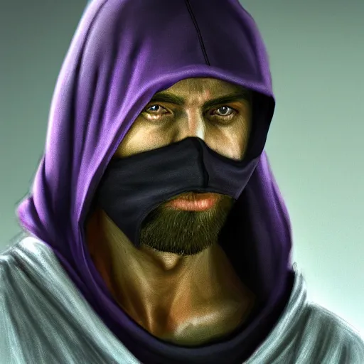 Image similar to ultra realistic illustration, man in a black hood, in a striped purple balaclava, mysterious, highly detailed, digital painting, artstation, concept art, smooth, sharp focus, illustration