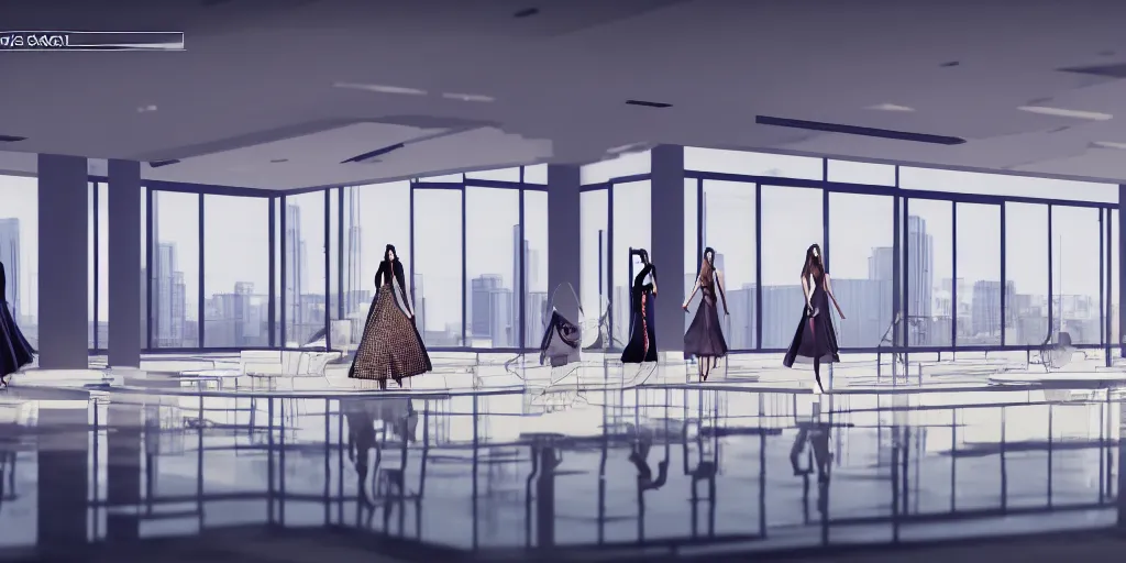 Image similar to Fashion Catwalk in a luxurious penthouse interior, concept art, rendering, hyperdetailed, unreal engine 5, 4k