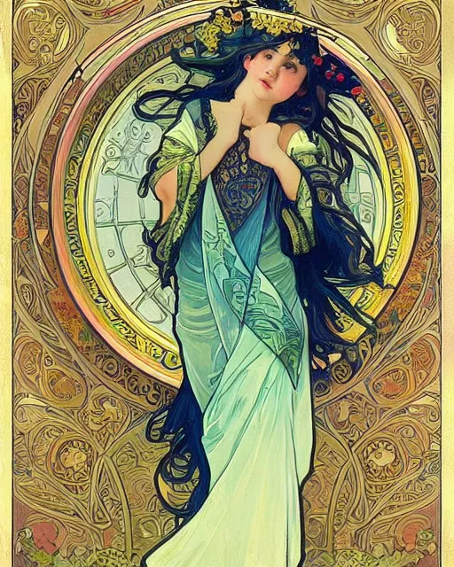 Image similar to an art nouveau painting of a gnome wearing flowing robes, beautiful, shining sun, highly detailed, intricate, artstation, by alphonse mucha and james gurney