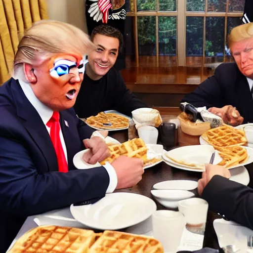 Image similar to photograph of trump and Biden sitting and eating breakfast at a Wafflehouse