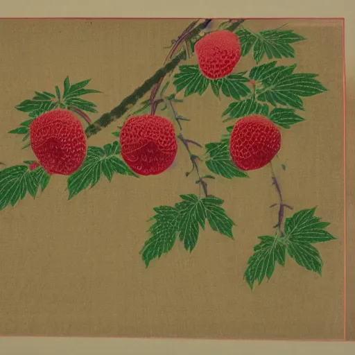 Image similar to Japanese woodblock print of a raspberry