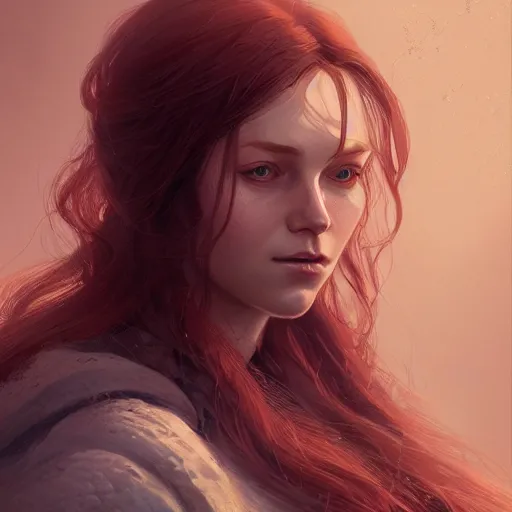 Image similar to A full portrait of Nordic female, 30 years old, brown red long hair, intricate, elegant, highly detailed, digital painting, artstation, concept art, smooth, sharp focus, illustration, art by Krenz Cushart and Artem Demura