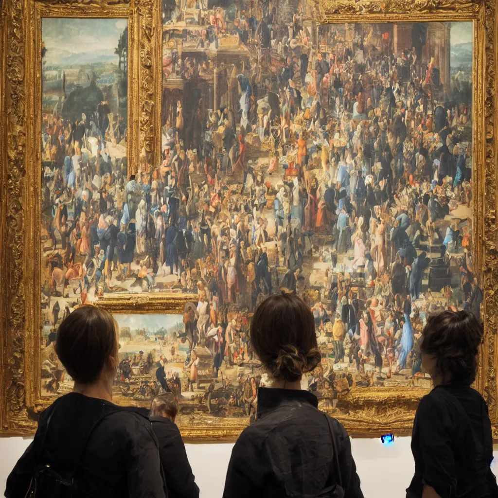 Image similar to an art lover at an exhibition looking at the most famous painting in the world