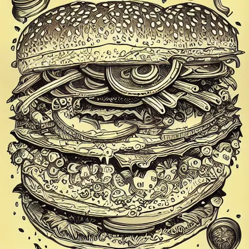 Prompt: hamburger, art by Joe Fenton