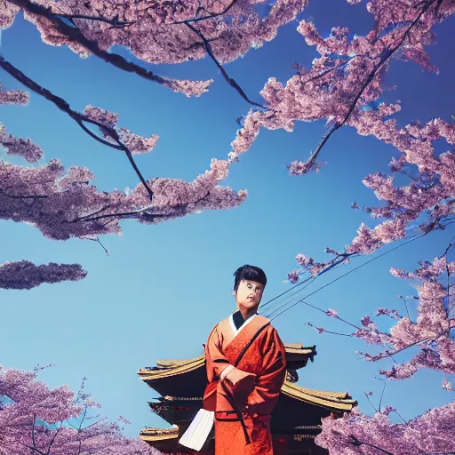 Image similar to ultrarealistic photography android samurai in a historical japanese city cherry blossom blue sky cyberpunk