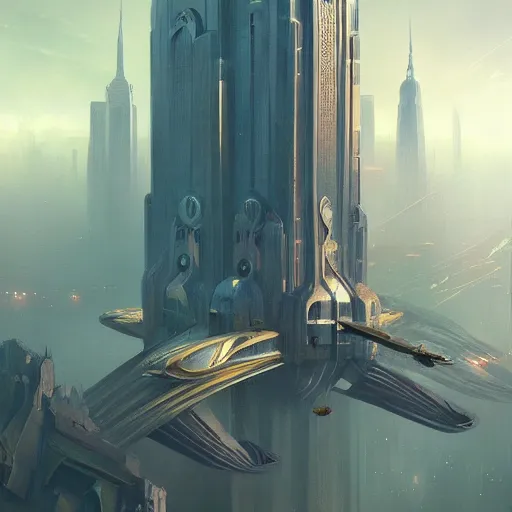 Image similar to futuristic art deco new york city, fantasy, intricate, elegant, digital painting, trending on artstation, concept art, sharp focus, illustration by greg rutkowski, Gaston Bussiere and artgerm, 4k.