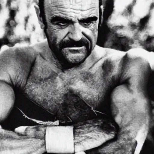 Prompt: sean connery arm wrestling rambo