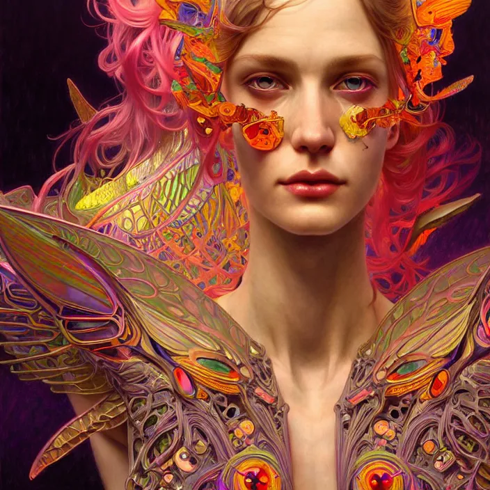 Prompt: bright psychedelic portrait of organic cyborg wings, diffuse lighting, fantasy, intricate, elegant, highly detailed, lifelike, photorealistic, digital painting, artstation, illustration, concept art, smooth, sharp focus, art by John Collier and Albert Aublet and Krenz Cushart and Artem Demura and Alphonse Mucha