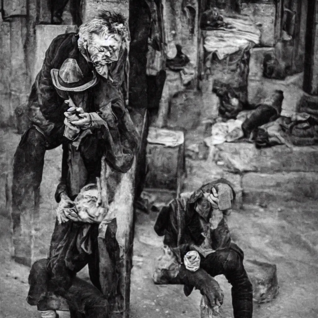 Image similar to 35mm, Black and white portrait of a desperated man in Paris during the 1790s, in the style of Sebastião Salgado Award winning photograph