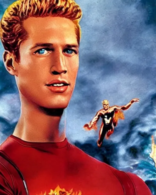 Image similar to Young Paul Newman starring as Johnny Storm, The Human Torch from The Fantastic Four Movie, Color, Modern