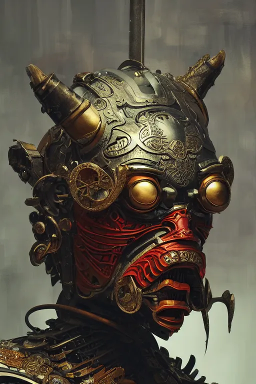 Prompt: robot - demon samurai mask, intricate, elegant, volumetric lighting, scenery, digital painting, highly detailed, artstation, sharp focus, illustration, concept art, luis rollo, ruan jia, steve mccurry, john berkey