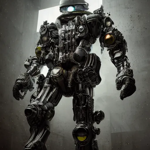 Image similar to Full lenght view Photography of ultra mega super hyper realistic detailed warmachine by Hiromasa Ogura . Photo on Leica Q2 Camera, Rendered in VRAY and DaVinci Resolve and MAXWELL and LUMION 3D, Volumetric natural light. Wearing cyberpunk suit with many details by Hiromasa Ogura .Rendered in VRAY and DaVinci Resolve and MAXWELL and LUMION 3D, Volumetric natural light