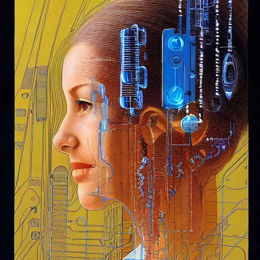 Prompt: beautiful detailed sci - fi painting of a female neuroscientist trying to understand a microprocessor and neural networks, jean giraud