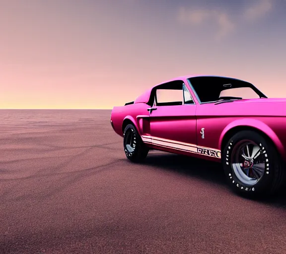 Image similar to shot of 1967 Ford mustang Shelby GT500 in pink color at sunset in front a beach, realistic reflections, 4k, HD Photography, octane render