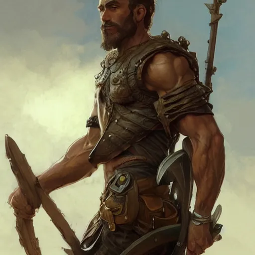 Image similar to Rugged ranger, male, man, D&D, muscular thighs, fantasy, intricate, elegant, highly detailed, digital painting, artstation, concept art, smooth, sharp focus, illustration, art by artgerm and greg rutkowski and alphonse mucha