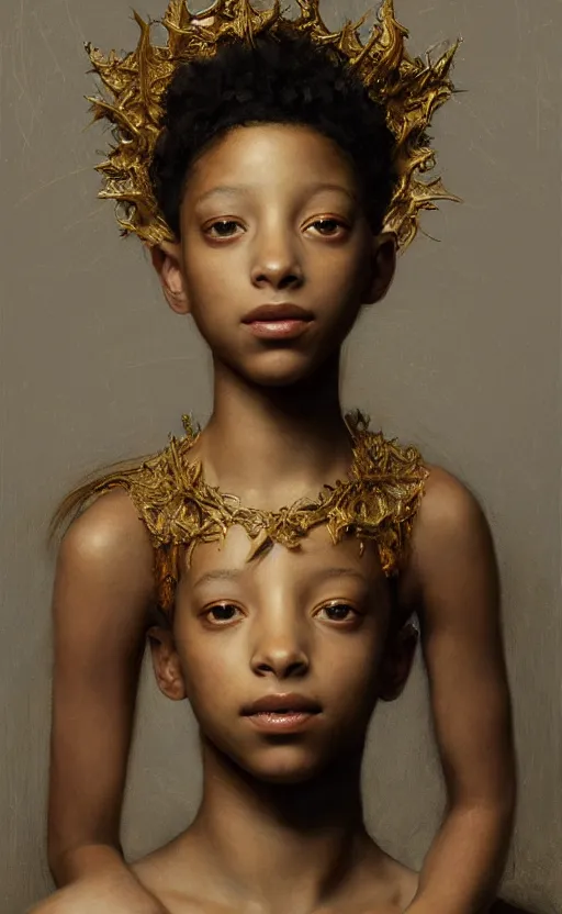 Prompt: portrait willow smith, golden crown and barechest, intricate, elegant, highly detailed, artstation, concept art, sharp focus, ruan jia, jurgens, orientalism, bouguereau