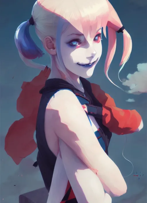 Prompt: portrait of cute harley quinn, cloudy sky background lush landscape illustration concept art anime key visual trending pixiv fanbox by wlop and greg rutkowski and makoto shinkai and studio ghibli