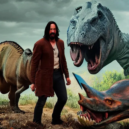 Prompt: a hyper real comic book style portait painting of keanu reeves in the stone age with dinosaurs, unreal 5, hyperrealistic, octane render, cosplay, rpg portrait, dynamic lighting