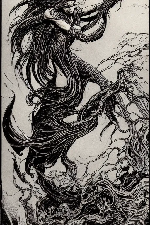 Prompt: dark evil mermaid with long flowing hair, by bernie wrightson