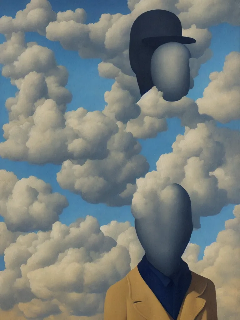 Image similar to portrait of cloud man by rene magritte, detailed painting, hd, hq, high resolution, high detail, 4 k, 8 k