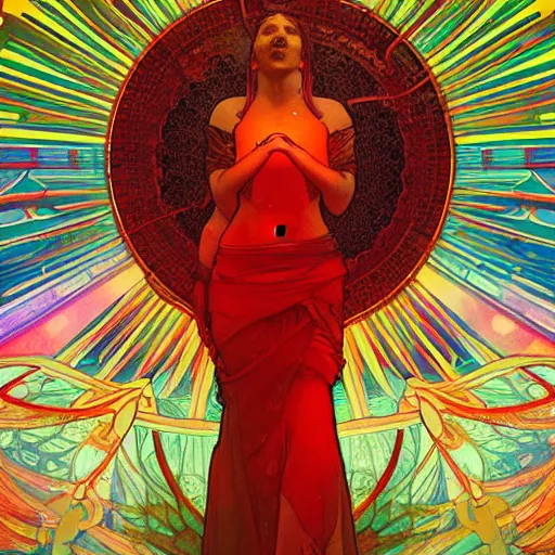 Prompt: the solarpunk phoenix, red bird, volumetric light, bokeh, painting by greg rutkowski by alphonse mucha