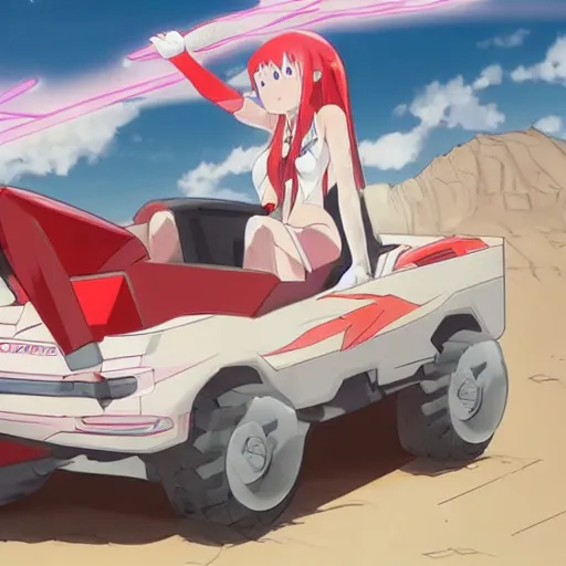 Image similar to zero two from darling in the franxx driving a dodge ram