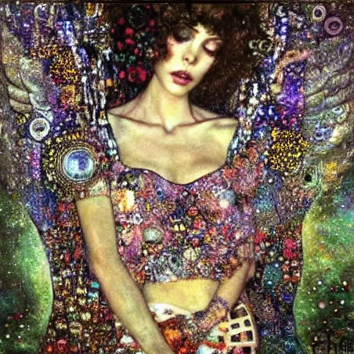 Prompt: dreamy angels, full clothes, cybernetic, in the cosmos, intricate detail, klimt, royo,