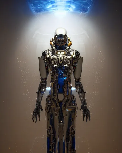 Image similar to benevolent cyborg necromancer, scifi, futuristic, helpful, kind, intelligent, alien room background, white, blue, gold, highly detailed, trending on artstation, soft light, holy machine, advanced technology, art by vitaly bulgarov and nivanh chanthara