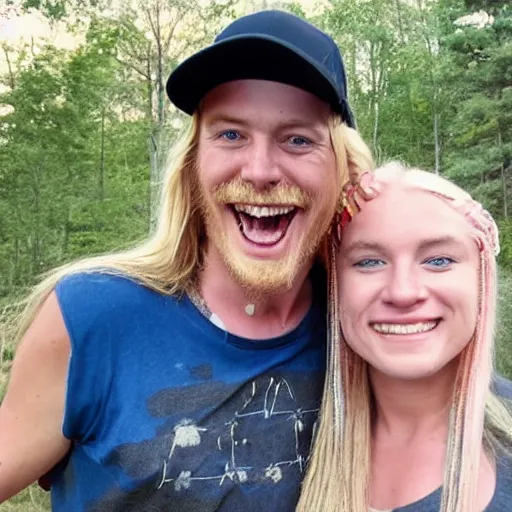 Image similar to photo of hillbilly smiling with long blonde hair near a bonfire