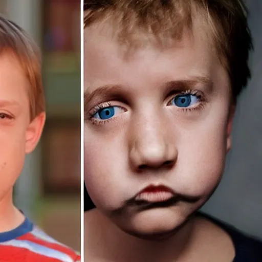 Prompt: photo realistic picture of kid with half face of steve buscemi and other half of amy schumer