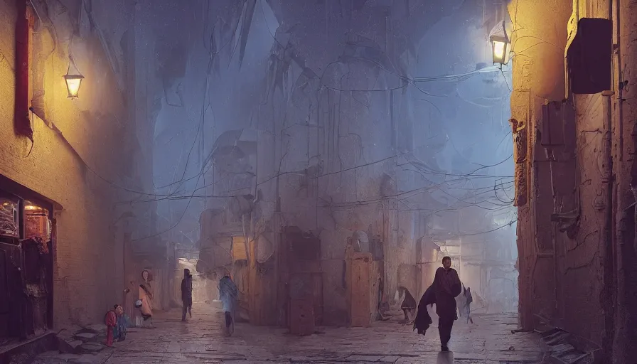 Image similar to old jeddah city alley, roshan, shops, a big magical glowing time portal, a nomad wearing a worn out coat, plants, kids, dramatic lighting sci fi, by caspar david friedrich by beeple and james gilleard and justin gerard, centered, artstation, smooth, sharp focus, photoreal octane render, 3 d, by jean baptiste monge