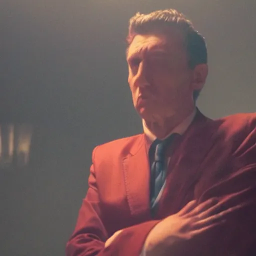 Image similar to movie still of a villain man, facial expression, cinematic composition, cinematic light, surreal cinema, by edgar wright and david lynch,