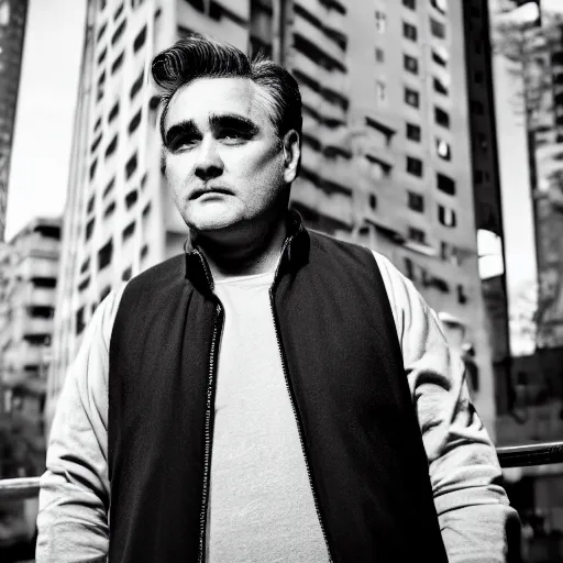 Prompt: morrisey portrait photoshoot. city lights in background, shallow depth of field, professional photography. 4 k