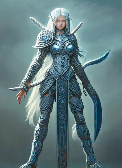 Image similar to warrior, light azure armor!!! long wild white hair!! covered chest!!! fantasy, d & d, intricate ornate details, digital painting, pretty face!!, symmetry, concept art, sharp focus, illustration, art by artgerm! greg rutkowski magali villeneuve wlop! ilya kuvshinov!!, octane render