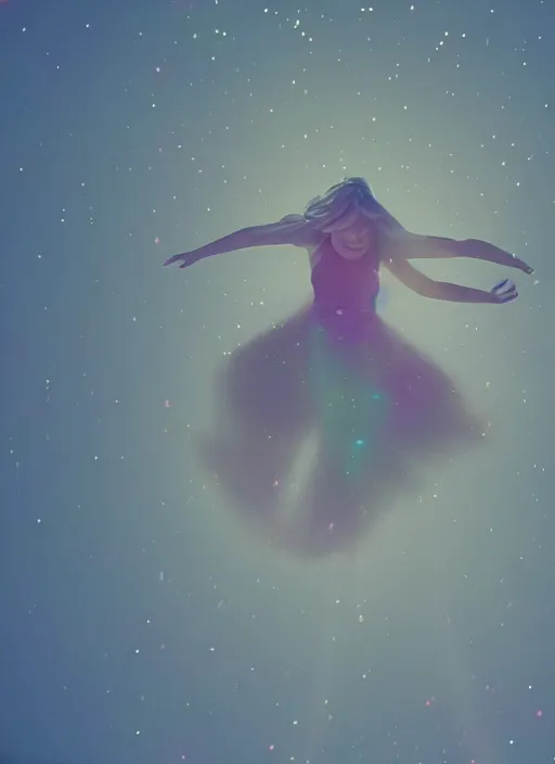 Prompt: female ascending into the sky, glowing aura, motion blur, out of focus, film grain, cinematic lighting, experimental film, echoes, shot on 1 6 mm