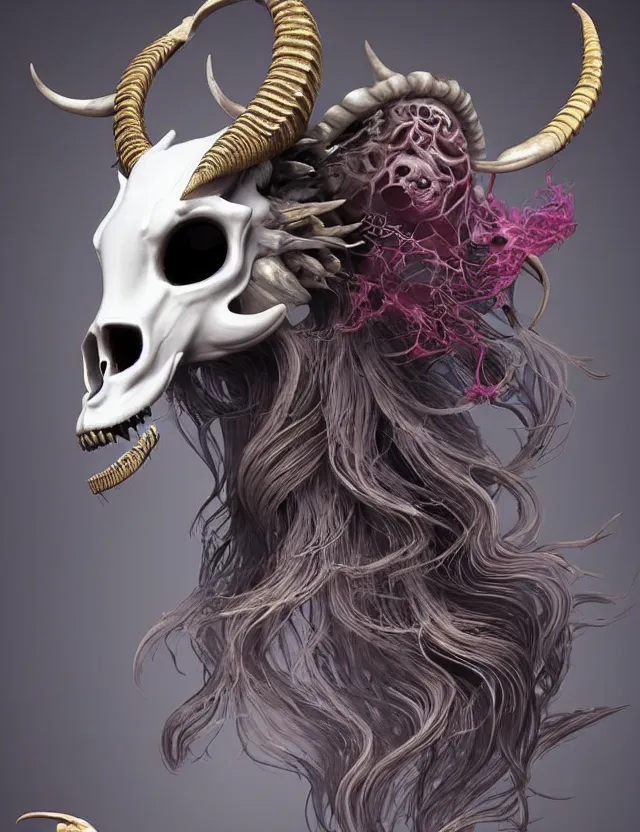 Image similar to 3 d goddess goat skull half - turn portrait with long hair with ram skull. beautiful intricately detailed japanese crow kitsune mask and clasical japanese kimono. betta fish, jellyfish phoenix, bio luminescent, plasma, ice, water, wind, creature, artwork by tooth wu and wlop and beeple and greg rutkowski