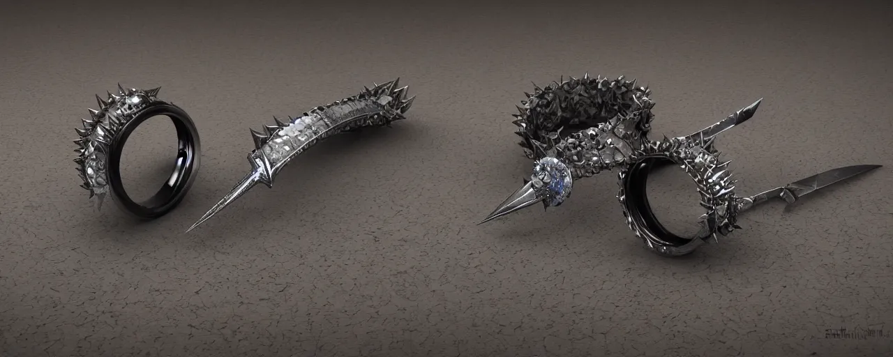 Image similar to tungsten ring with spikes, ring, steel, sword, crystals, smooth shank, engravings, product design, jewelry, art by gerald brom, greg rutkowski and artgerm and james jean and zdzisław beksinski, 8 k, unreal engine, c 4 d