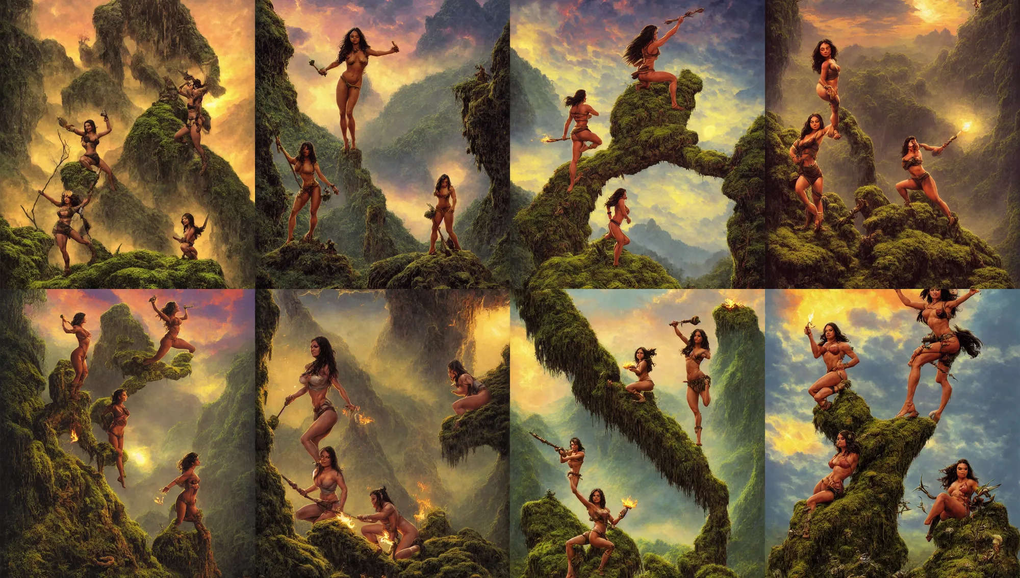 Prompt: single mila kunis as muscled amazon posted on a large mossy rock, beautiful epic vista, flowing hills, sundown golden hour, fireflies, torches in ground, eerie sky, frank frazetta, alex horley, ralph horsley, michael whelan