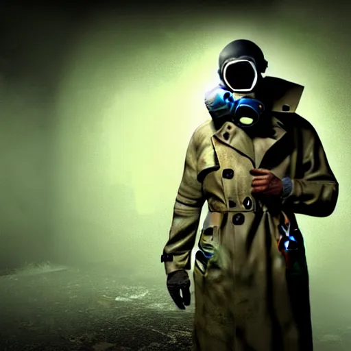 Image similar to photorealistic detailed image of a man in a rugged, worn trench coat wearing a gas mask, in a ruined and dark underground lab, readying himself for combat with a green/brown/gray undertone, inspired by the Stalker video game series