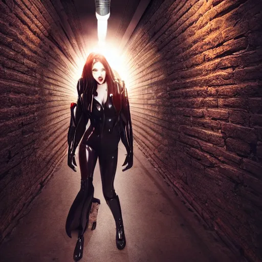 Image similar to a school boy being intimidated by a succubus in a leather suit, devi wings, cracked brick wall, long hallway, light at the end of the tunnel, volumetric lighting, concept art, detailed, dramatic lighting, by wlop, artgerm