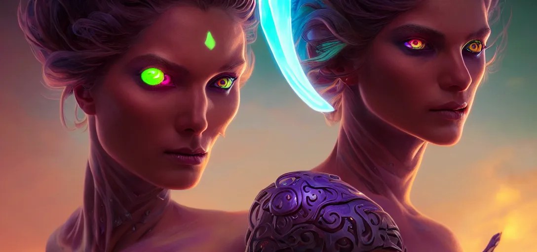 Image similar to epic fantasy render portrait of a beautiful bioluminescent woman with glowing eyes, dark retrowave, highly detailed, digital painting, cinematic, hyperrealism, rpg portrait, dynamic lighting, art by boris vallejo and stefan kostic and magali villeneuve and alphonse mucha, artstation, octane render, cgsociety