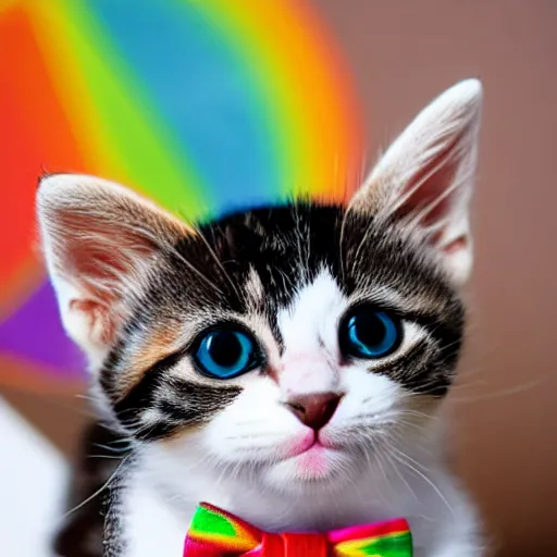 Prompt: a kitten on a rainbow wearing a bowtie
