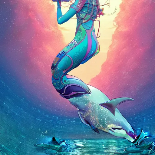 Image similar to a beautiful hyperdetailed character design 4 k wallpaper illustration of a cute dolphin with a beautiful girl, victo ngai cyberpunk style, from china, style of studio ghibli, makoto shinkai, raphael lacoste, louis comfort tiffany, artgerm, james jean, ross tran, chinese style