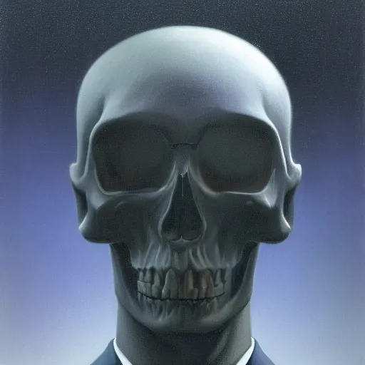 Image similar to a portrait of a man in a suit, his head is a skull, it is night and the sky is covered in stars, dramatic and cinematic lights, in the style of zdzislaw beksinski, in the style of edward hopper, 4 k,