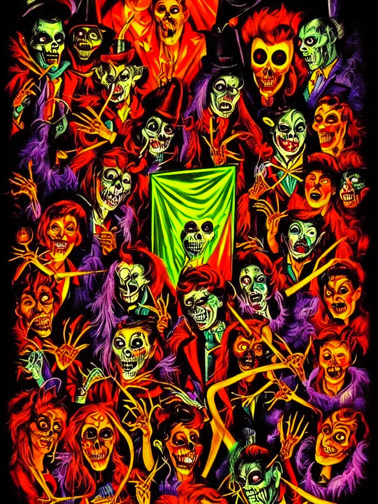 Prompt: Vibrant Colorful Vintage Horror Illustration of a Carnival Freak Show. Glowing , Spooky lighting , Pinterest