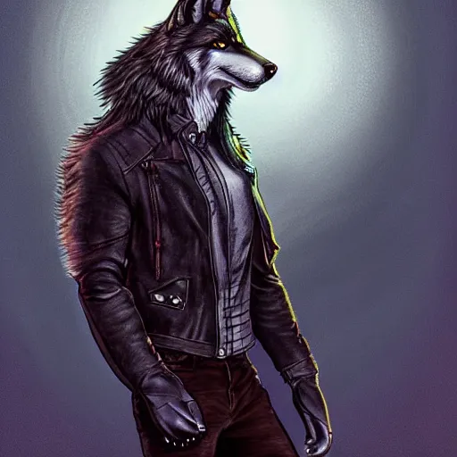 Image similar to A wolf-fox hybrid with a small head wearing a leather jacket and leather jeans and leather gloves, trending on FurAffinity, energetic, dynamic, digital art, highly detailed, FurAffinity, high quality, digital fantasy art, FurAffinity, favorite, character art