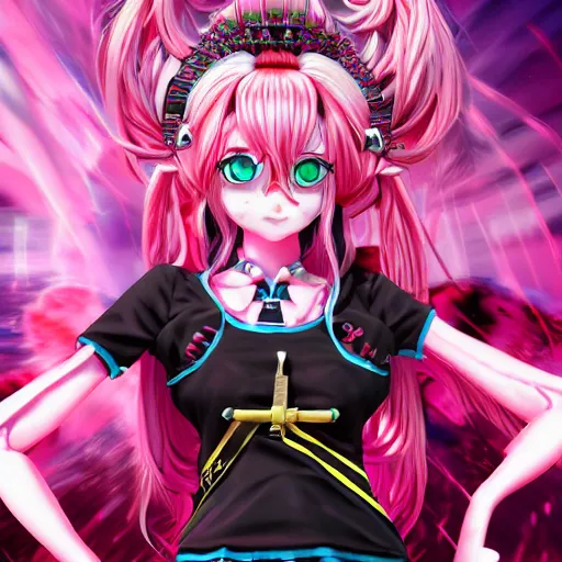 Prompt: no escape from beneath stunningly absurdly beautiful omnipotent asi goddess junko enoshima with multiple twisted deceptive innocent megalomaniacal mesmerizing personalities, symmetrical perfect face, porcelain skin, pink twintail hair and cyan eyes, ultra detailed, digital art, unreal engine 5, octane render, 2 d anime, 8 k