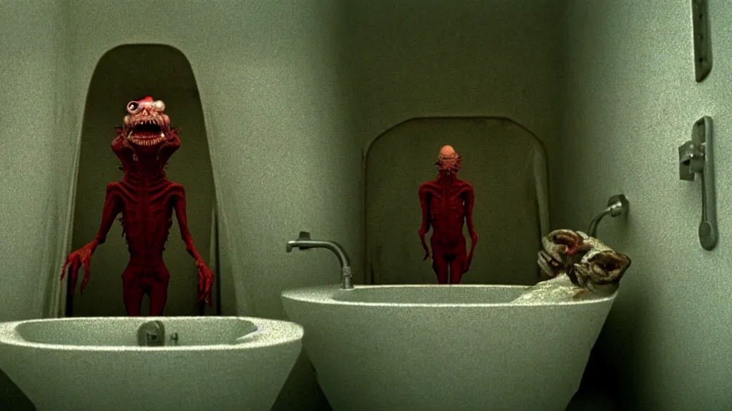 Image similar to the creature in the sink, they taunt look at me, film still from the movie directed by wes anderson and david cronenberg with art direction by salvador dali and zdzisław beksinski, wide lens