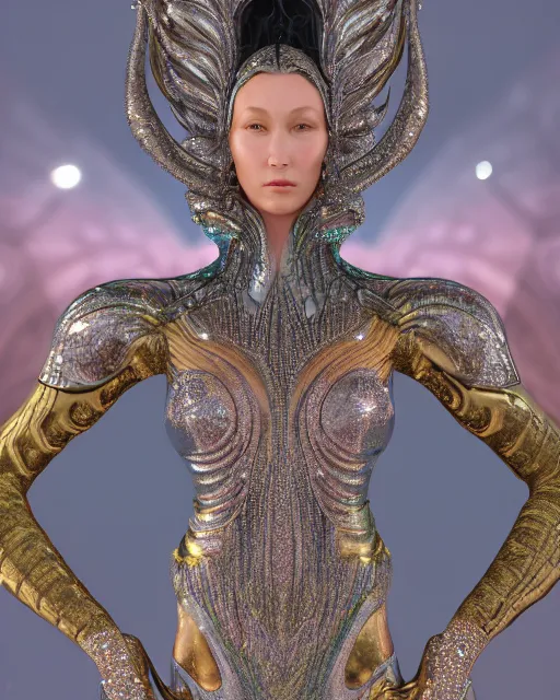 Image similar to a highly detailed metahuman 4 k close up render of an alien goddess bella hadid queen in iris van herpen dress schiaparelli in diamonds crystals swarovski and jewelry iridescent in style of alphonse mucha gustav klimt trending on artstation made in unreal engine 4